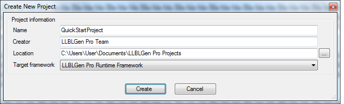 Create new project dialog